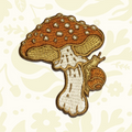 Mustard Beetle Mushroom Iron On Patch shows a cute snail atop a spotted mushroom cap, ideal for nature and fungi lovers.