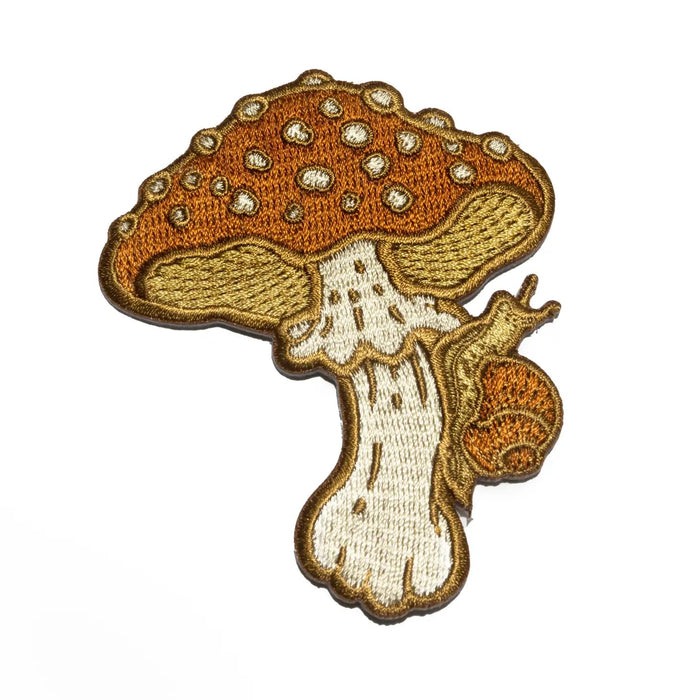 3x3 Mustard Beetle Mushroom Iron On Patch with cute brown mushroom and snail; perfect for nature lovers and collectors.