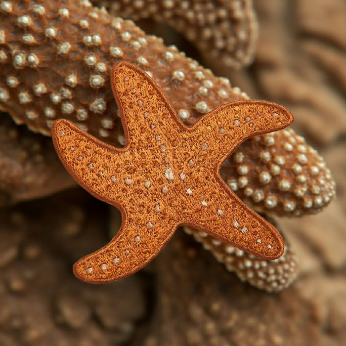 Mustard Beetle Ochre Sea Star Patch shows a brown knobby-textured starfish, ideal for ocean lover gifts or sea decor.