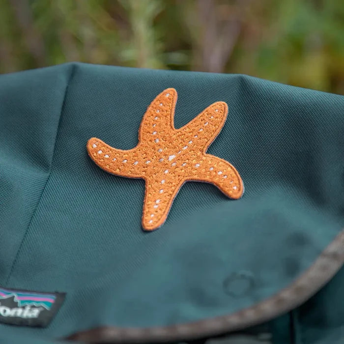 Ochre sea star mustard beetle patch on dark green Patagonia backpack; trendy iron-on accessory for outdoor gear.