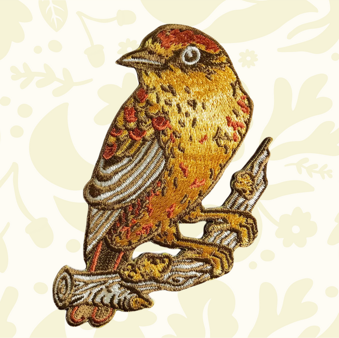 Mustard Beetle Palm Warbler iron on patch, 3x3, features yellow-brown bird on branch, pale pattern, embroidered detail.