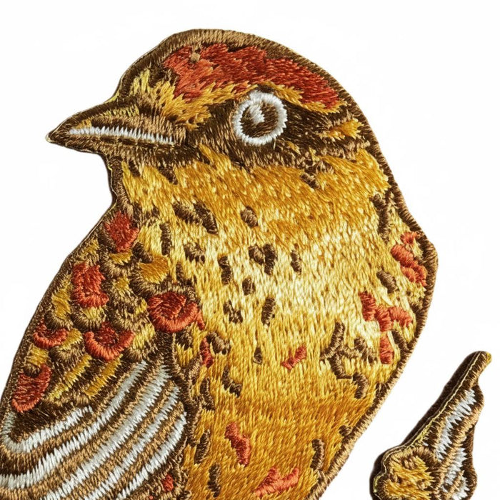 Mustard Beetle Palm Warbler Bird iron-on patch 3x3: yellow-brown bird with red, black on a white background, embroidered.