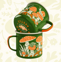 Green enamel camp mug by Mustard Beetle with toad, mushrooms & foliage, 11.8oz—perfect camping enamel coffee cup gift.