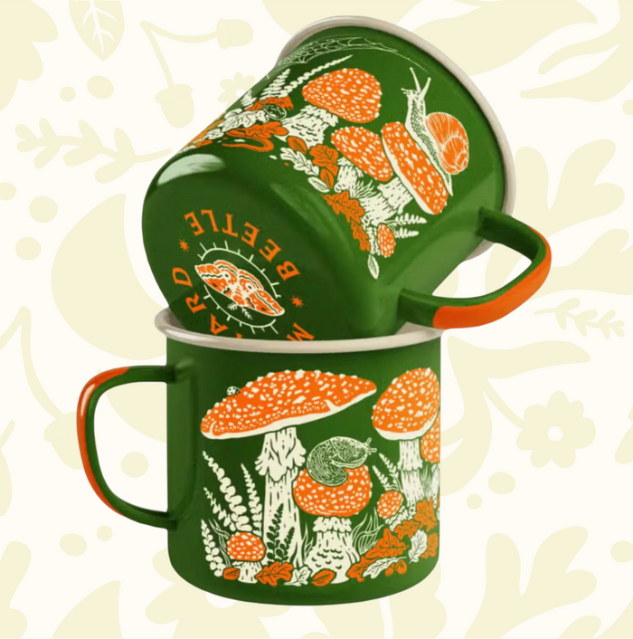 Green enamel camp mug by Mustard Beetle with toad, mushrooms & foliage, 11.8oz—perfect camping enamel coffee cup gift.