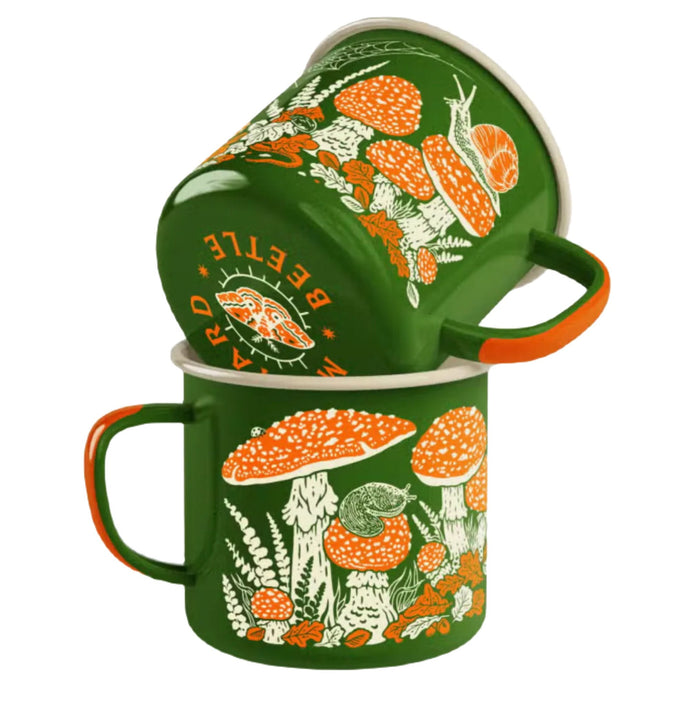 Mustard Beetle green enamel mug with cute white-orange mushrooms, snail, foliage art; 11.8oz camping coffee cup.
