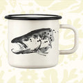 Shop the Muurla Teemu Järvi 0.37L enamel mug with black & white pike and trout fish art on a stylish white mug, black rim.