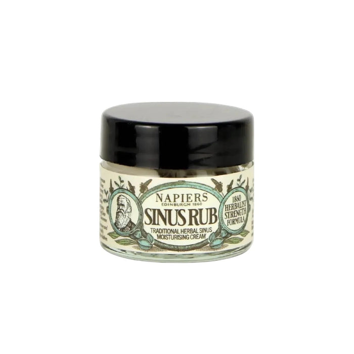 Forager Provisions LTD Napiers Sinus Rub Cream in a small glass jar with a black lid for herbal congestion relief.