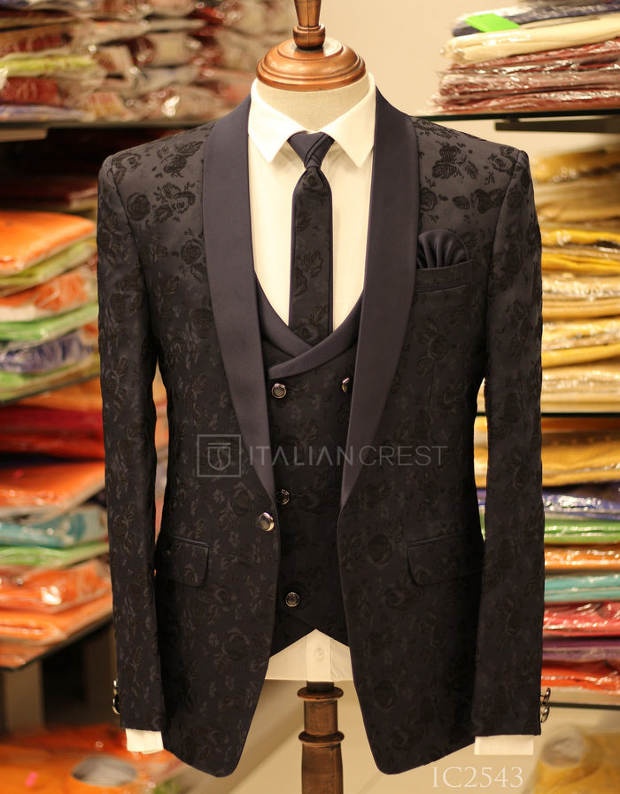 Navy Blue Jacquard 5pc Wedding Suit