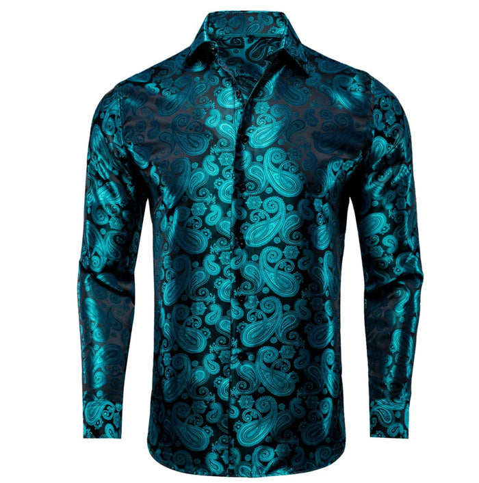 New Blue Black Paisley Silk Men's Long Sleeve Shirt Casual-CY1610 - SimonVon Shop