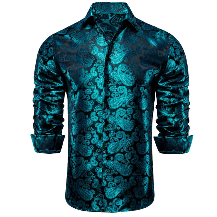 New Blue Black Paisley Silk Men's Long Sleeve Shirt Casual-CY1610 - SimonVon Shop