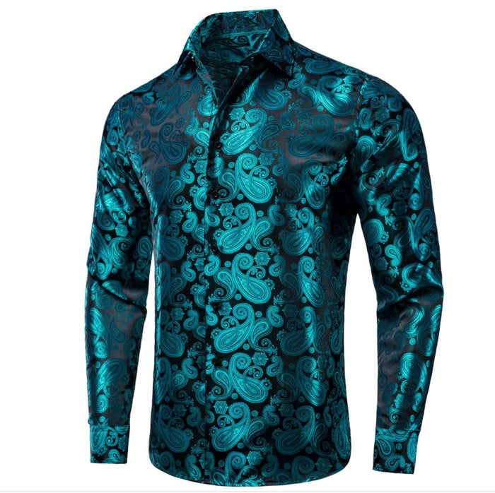 New Blue Black Paisley Silk Men's Long Sleeve Shirt Casual-CY1610 - SimonVon Shop
