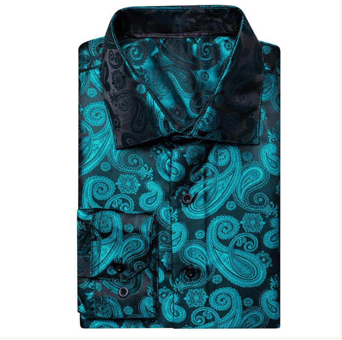 New Blue Black Paisley Silk Men's Long Sleeve Shirt Casual-CY1610 - SimonVon Shop