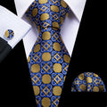 New Brown Blue Floral Geometric Silk Tie Hanky Cufflinks Set-N-5336 - SimonVon Shop