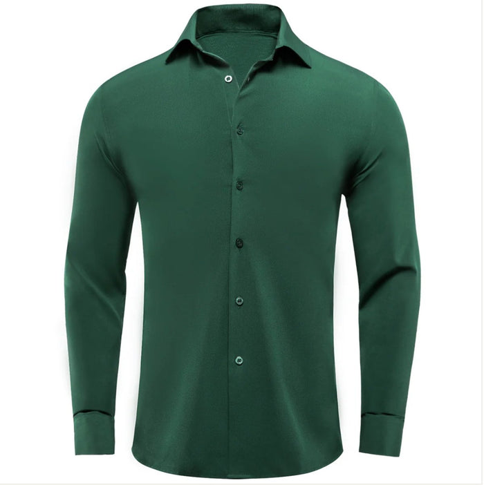 New Emerald Green Solid Stretch Men's Long Sleeve Shirt-CY-1059 - SimonVon Shop