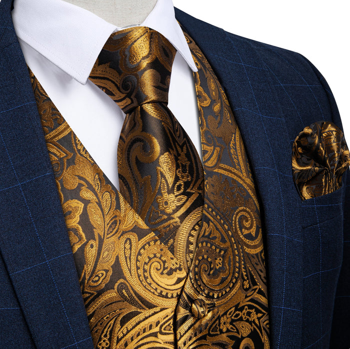 New Golden Black Paisley with White Floral Silk Men's Vest Hanky Cufflinks Tie Set Waistcoat Suit Set- MJ-0612 - SimonVon Shop