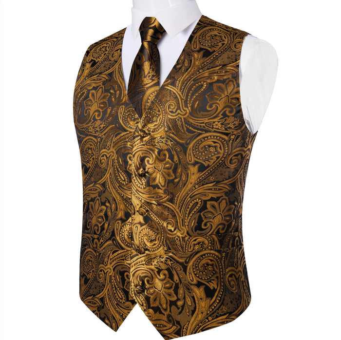 New Golden Black Paisley with White Floral Silk Men's Vest Hanky Cufflinks Tie Set Waistcoat Suit Set- MJ-0612 - SimonVon Shop