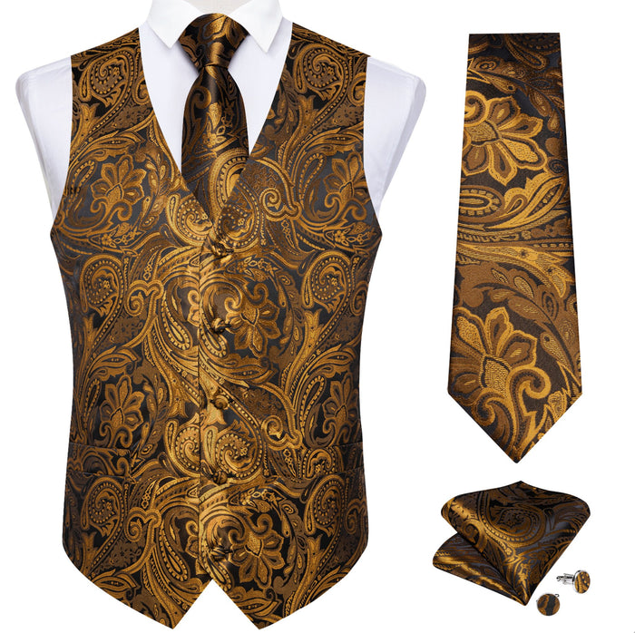New Golden Black Paisley with White Floral Silk Men's Vest Hanky Cufflinks Tie Set Waistcoat Suit Set- MJ-0612 - SimonVon Shop