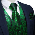 NEW GREEN PAISLEY JACQUARD SILK WAISTCOAT VEST TIE POCKET SQUARE CUFFLINKS SET-MJ-0603 - SimonVon Shop