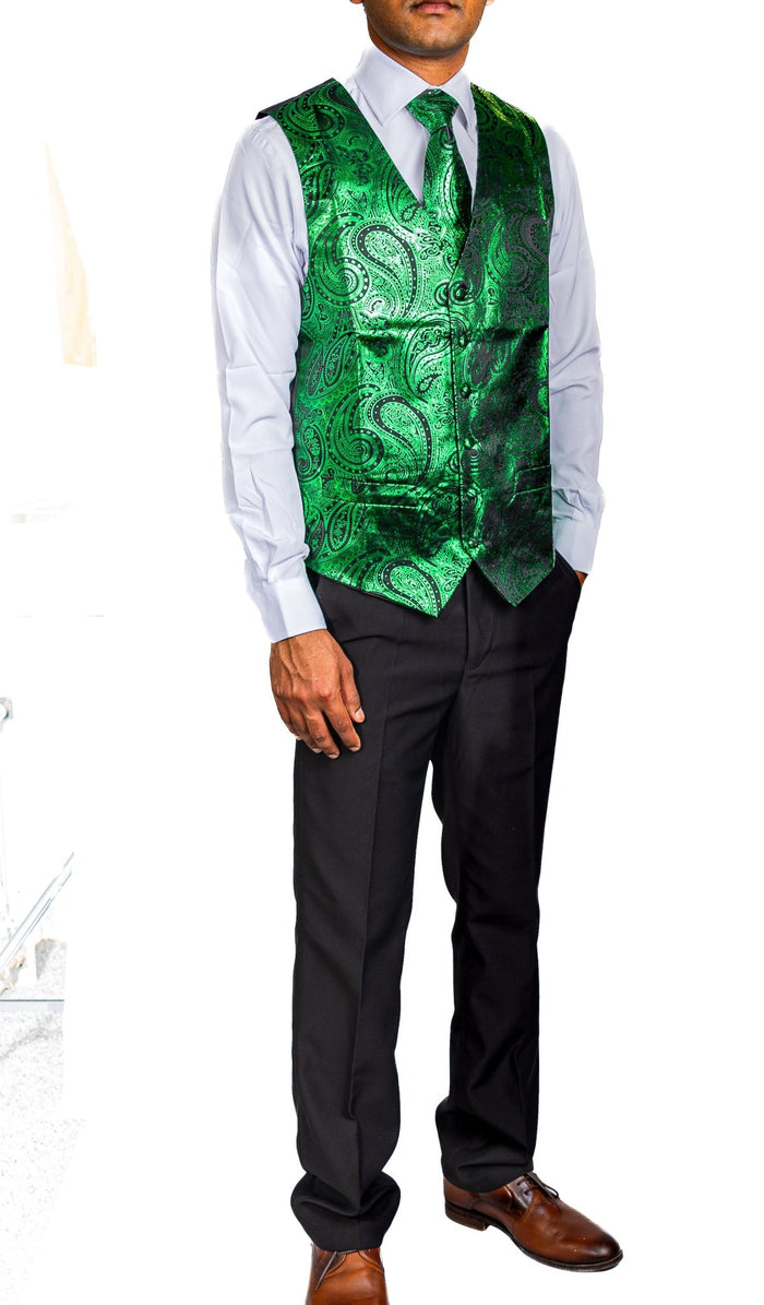 NEW GREEN PAISLEY JACQUARD SILK WAISTCOAT VEST TIE POCKET SQUARE CUFFLINKS SET-MJ-0603 - SimonVon Shop