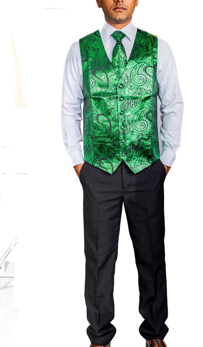 NEW GREEN PAISLEY JACQUARD SILK WAISTCOAT VEST TIE POCKET SQUARE CUFFLINKS SET-MJ-0603 - SimonVon Shop