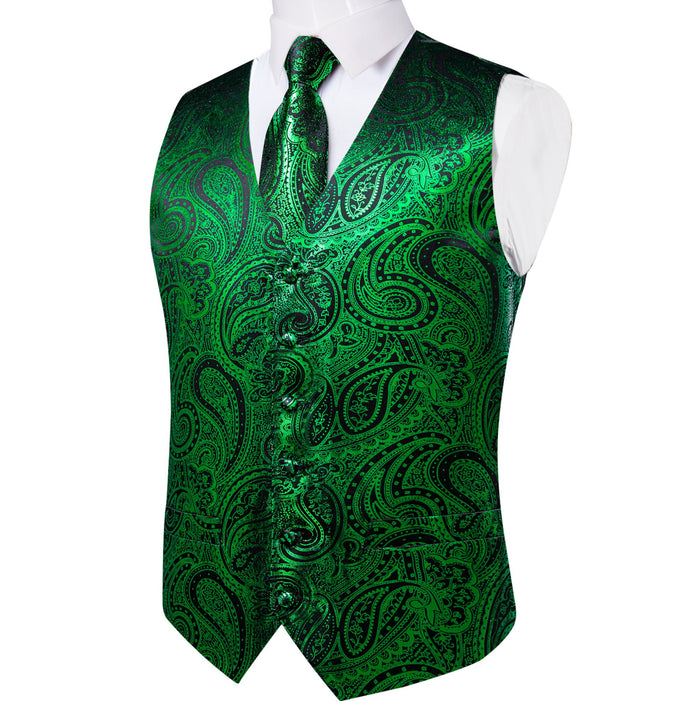 NEW GREEN PAISLEY JACQUARD SILK WAISTCOAT VEST TIE POCKET SQUARE CUFFLINKS SET-MJ-0603 - SimonVon Shop