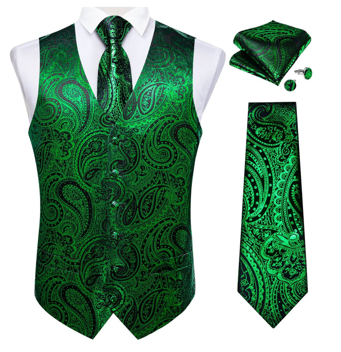 NEW GREEN PAISLEY JACQUARD SILK WAISTCOAT VEST TIE POCKET SQUARE CUFFLINKS SET-MJ-0603 - SimonVon Shop