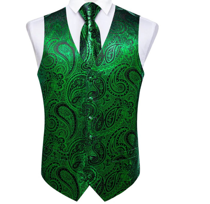 NEW GREEN PAISLEY JACQUARD SILK WAISTCOAT VEST TIE POCKET SQUARE CUFFLINKS SET-MJ-0603 - SimonVon Shop