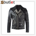 New handmade mens black studded punk style leather jacket with evenly spaced silver studs