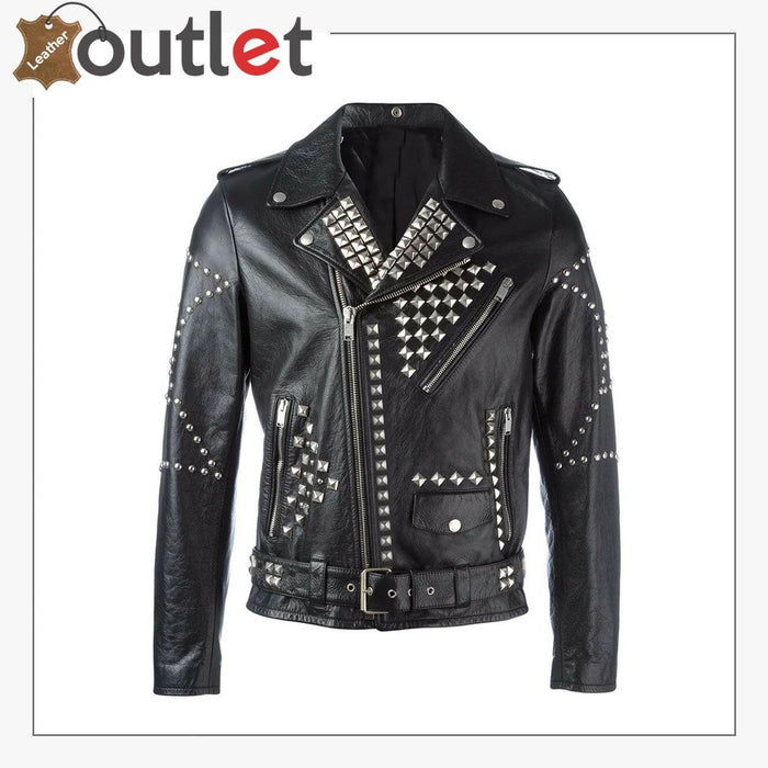New handmade mens black studded punk style leather jacket with evenly spaced silver studs