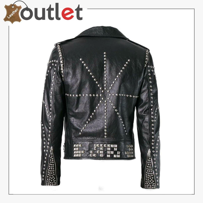 Back view of the handmade black studded punk jacket showing ordered stud lines