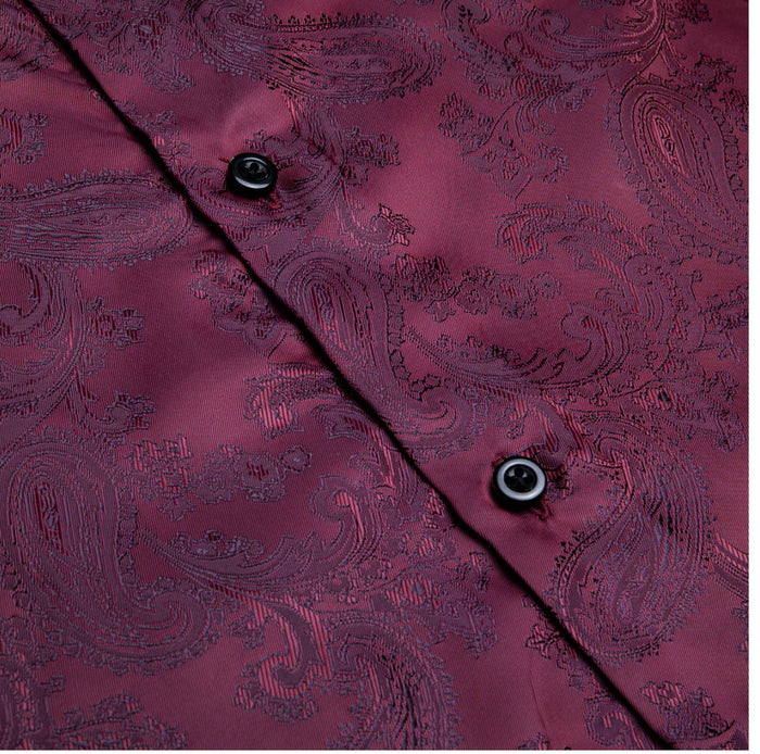 New Maroon Paisley Silk Men's Long Sleeve Shirt-CY-1014 - SimonVon Shop