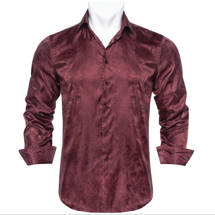 New Maroon Paisley Silk Men's Long Sleeve Shirt-CY-1014 - SimonVon Shop