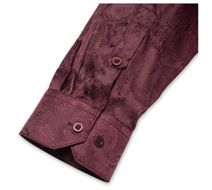 New Maroon Paisley Silk Men's Long Sleeve Shirt-CY-1014 - SimonVon Shop