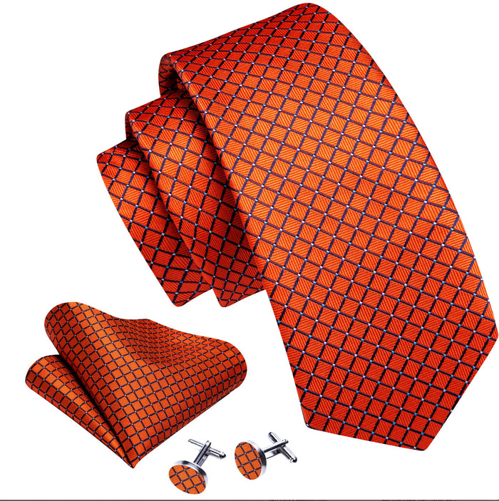 New Orange Plaid Silk Tie Handkerchief Cufflinks Set-N-6484 - SimonVon Shop