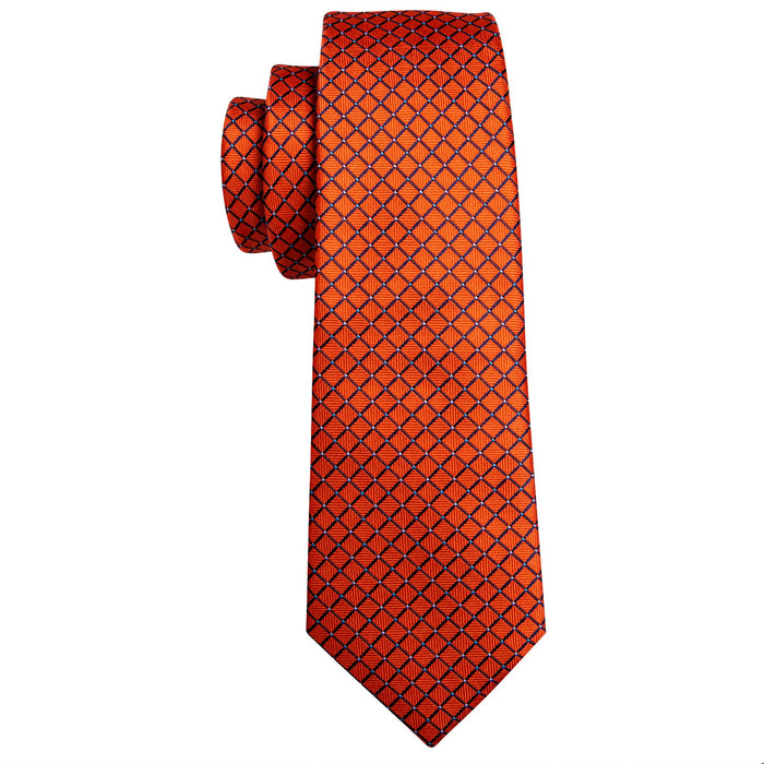 New Orange Plaid Silk Tie Handkerchief Cufflinks Set-N-6484 - SimonVon Shop