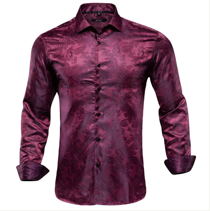 New Purple Red Paisley Silk Men's Long Sleeve Shirt- CY-0072 - SimonVon Shop