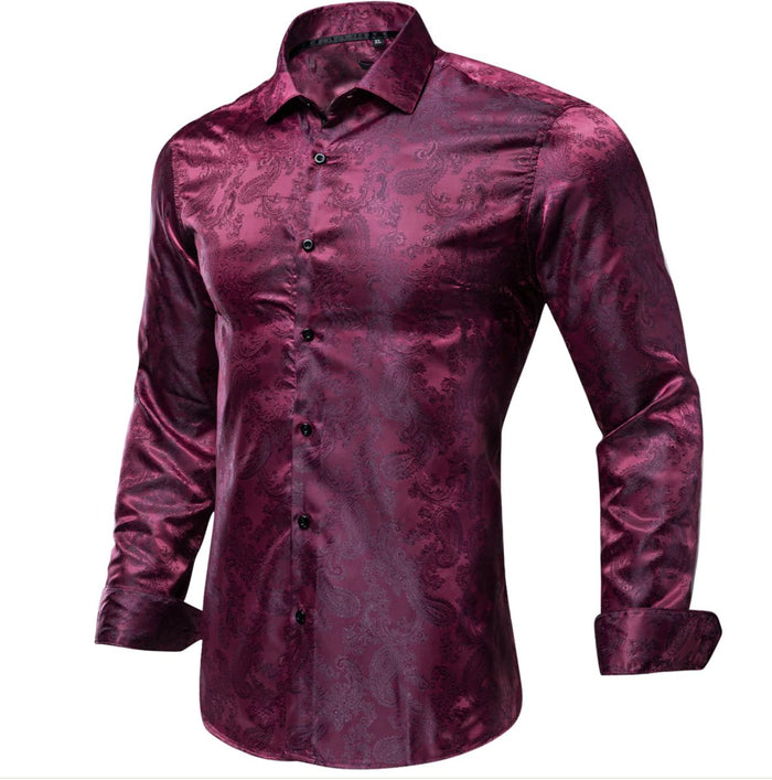 New Purple Red Paisley Silk Men's Long Sleeve Shirt- CY-0072 - SimonVon Shop