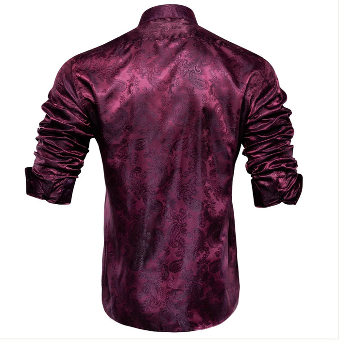 New Purple Red Paisley Silk Men's Long Sleeve Shirt- CY-0072 - SimonVon Shop
