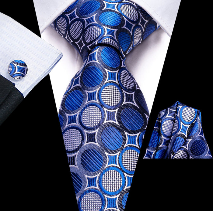 New Royal Blue White Circle Tie Pocket Square Cufflinks Set- N-3451 - SimonVon Shop