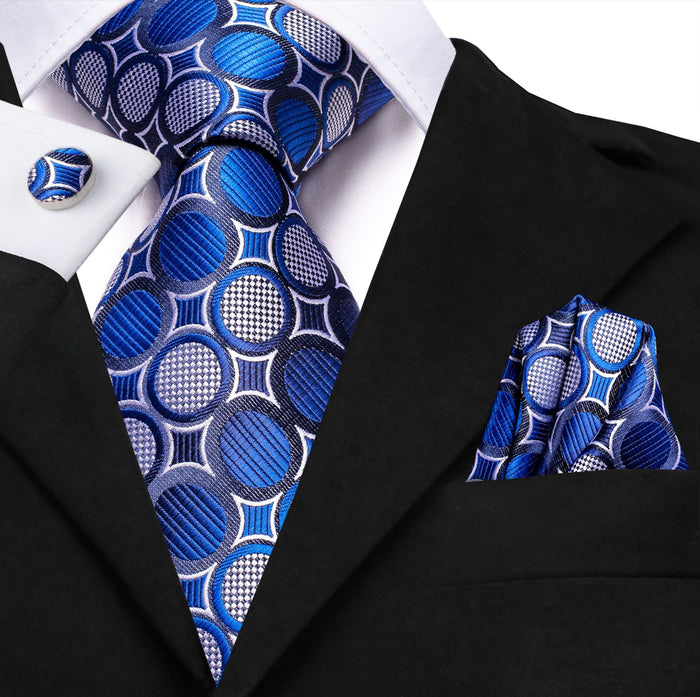 New Royal Blue White Circle Tie Pocket Square Cufflinks Set- N-3451 - SimonVon Shop