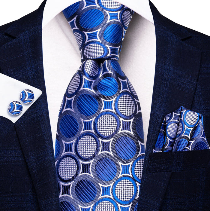 New Royal Blue White Circle Tie Pocket Square Cufflinks Set- N-3451 - SimonVon Shop