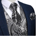 NEW SILVER BLACK PAISLEY JACQUARD SILK WAISTCOAT VEST TIE POCKET SQUARE CUFFLINKS SET- MJ-0606 - SimonVon Shop