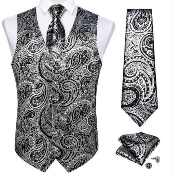 NEW SILVER BLACK PAISLEY JACQUARD SILK WAISTCOAT VEST TIE POCKET SQUARE CUFFLINKS SET- MJ-0606 - SimonVon Shop