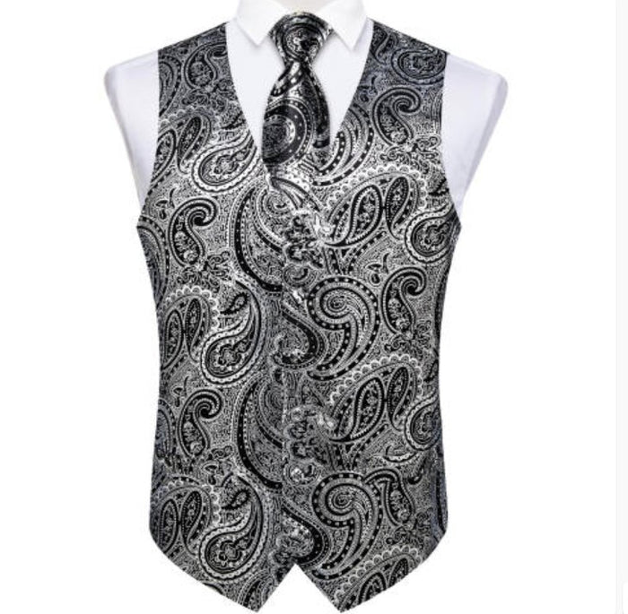 NEW SILVER BLACK PAISLEY JACQUARD SILK WAISTCOAT VEST TIE POCKET SQUARE CUFFLINKS SET- MJ-0606 - SimonVon Shop