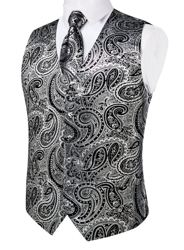 NEW SILVER BLACK PAISLEY JACQUARD SILK WAISTCOAT VEST TIE POCKET SQUARE CUFFLINKS SET- MJ-0606 - SimonVon Shop