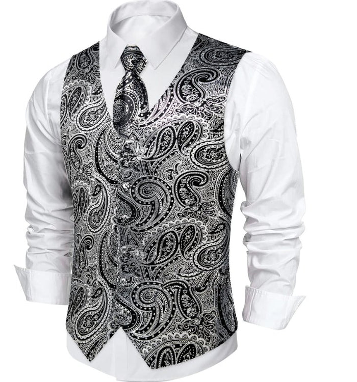 NEW SILVER BLACK PAISLEY JACQUARD SILK WAISTCOAT VEST TIE POCKET SQUARE CUFFLINKS SET- MJ-0606 - SimonVon Shop