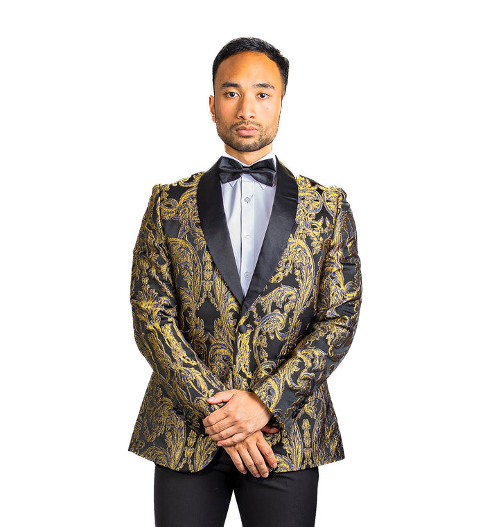 New Simon Von Men'sGolden Blue Black Paisley Jacquard Blazer Elegant Banquet Wedding Jacket-XX-1009 - SimonVon Shop