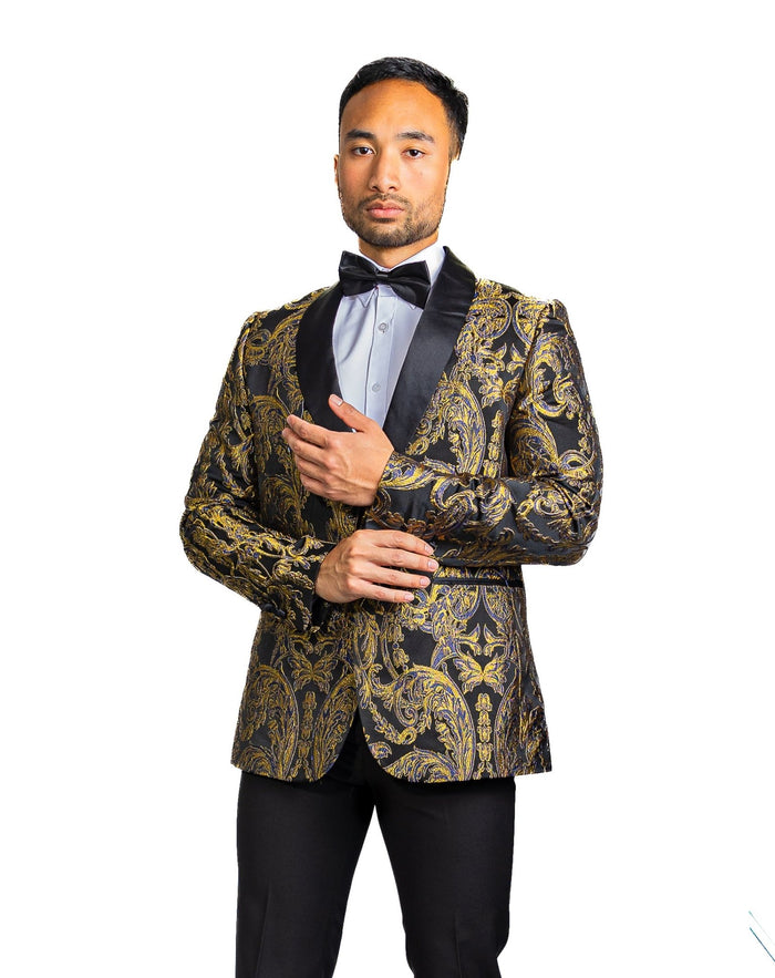 New Simon Von Men'sGolden Blue Black Paisley Jacquard Blazer Elegant Banquet Wedding Jacket-XX-1009 - SimonVon Shop