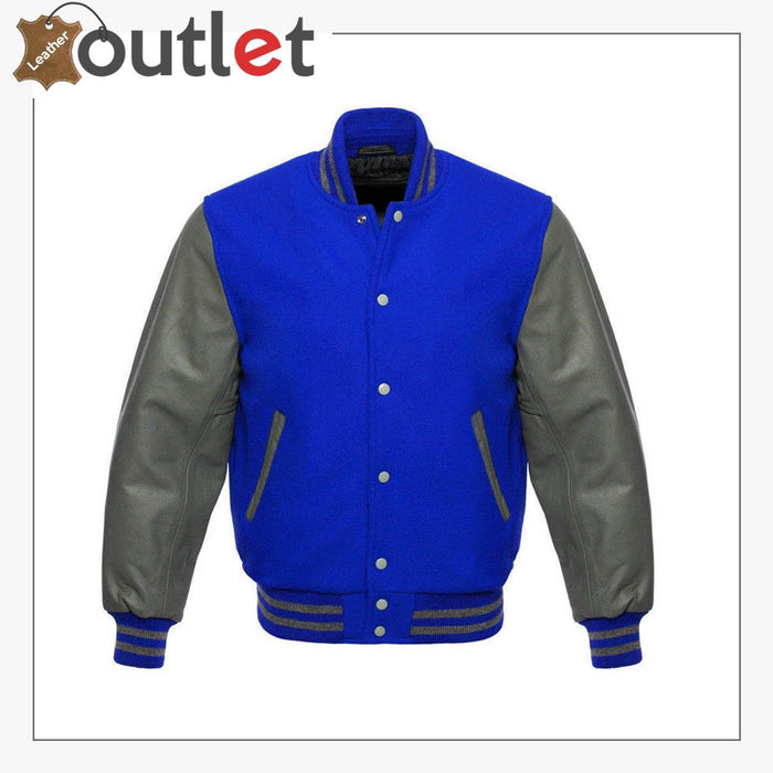 New varsity letterman wool jacket with real leather sleeves, front view with striped rib trims