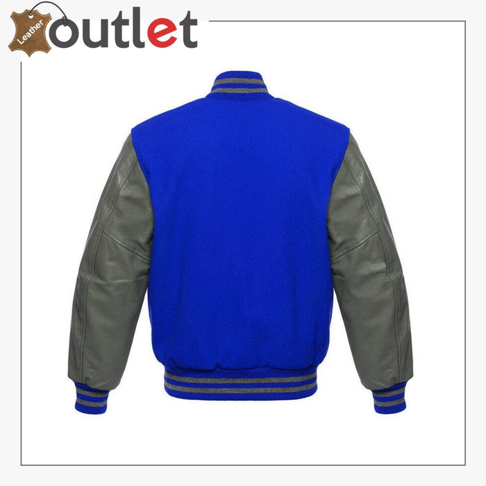 Side view of the wool letterman jacket showing leather sleeve and striped knit cuff